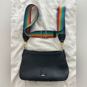 Furla Black Crossbody Bag with Multicolor Rainbow Strap used for 1 week.